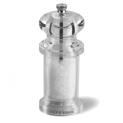 Cole & Mason kleine runde Acrylglas Salzmühle 14 cm Streuer mit Edelstahlknopf