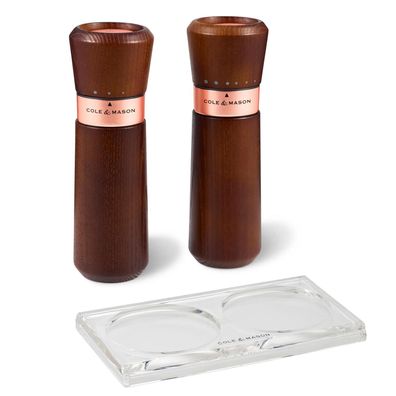 Cole & Mason 3-tlg. Holz Salz- & Pfeffermühlen Set 18.5 cm mit Acryl Tablett