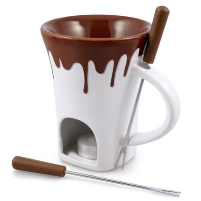 Swissmar Schokoladen Fondue Tasse 125 ml weiss Keramik Becher 4-teilig & Gabeln