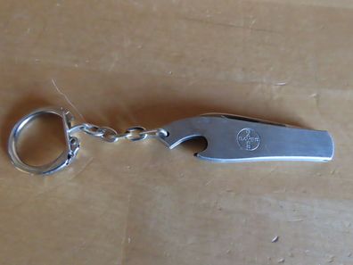 Schlüsselanhänger Werbeartikel von Bayer öffner u. Messer mini ca.5,7cm