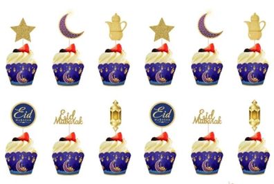 12x Eid Mubarak Cupcake Banderolen + Topper Pick Gold Glitzer Kuchen Dekoration