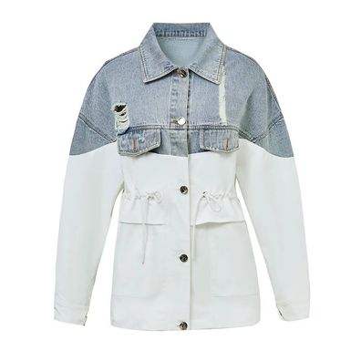 Trend Denim Color Matching Mid-length Coat Female Age-reducing Casual Tooling Loose