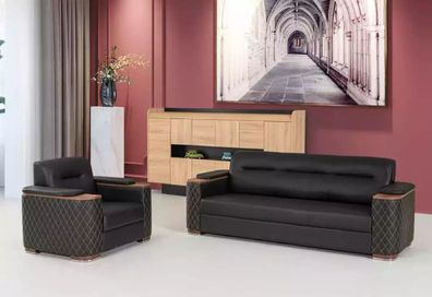Schwarze Couchgarnitur Dreisitzer Sessel Arbeitszimmer Luxus 2tlg 3 + 1