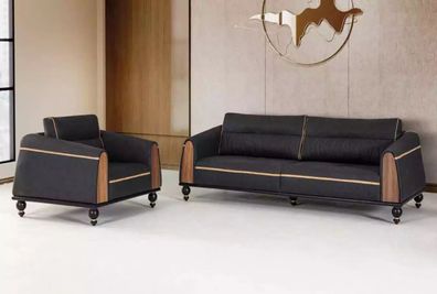 Schwarze Sofas Set Moderne Garnitur Dreisitzer Sessel Stoffmöbel 2tlg