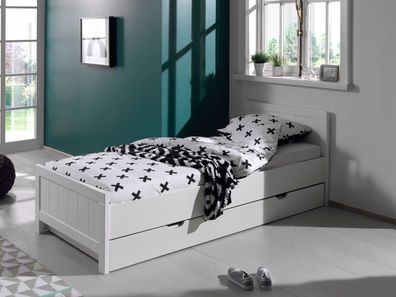 Bett Einzelbett mit Schublade Erik 90x200 cm MDF und Kiefer Weiß