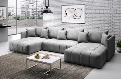 FURNIX U-Form-Sofa ASVIL Wohnzimmersofa mit Schlaffunktion und Bettkasten Hellgrau...
