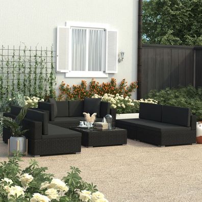 Garten Lounge Set Schwarz mit Auflagen Poly Rattan Gartenlounge Sitzgruppe Outdoor
