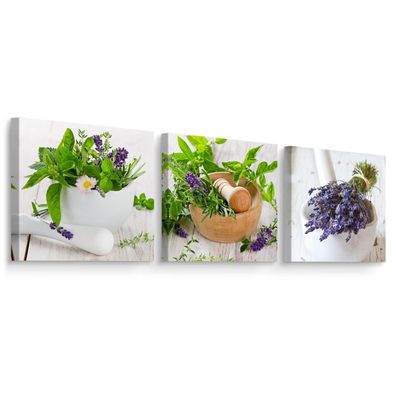 Muralo Leinwandbilder Set 3 Bilder Lavendel Kräuter Blätter Natur für Küche Esszimmer