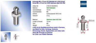 Schraube M5 x 10 mm A2 Edelstahl für LOXX Knopf