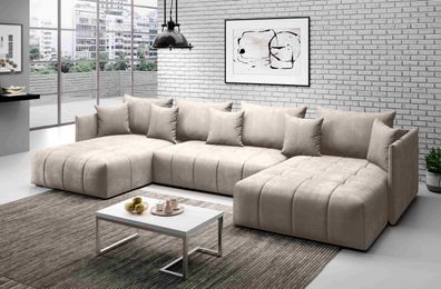 FURNIX U-Form-Sofa ANDORE Wohnzimmersofa mit Schlaffunktion und Bettkasten Beige EN01