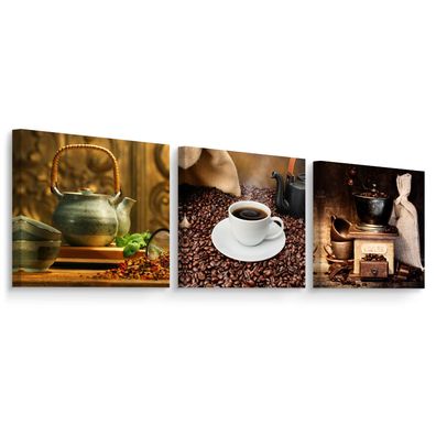 Muralo Leinwandbilder Set Aufhängefertig 3 Bilder Kaffeebohnen Tasse Kaffee für Küche