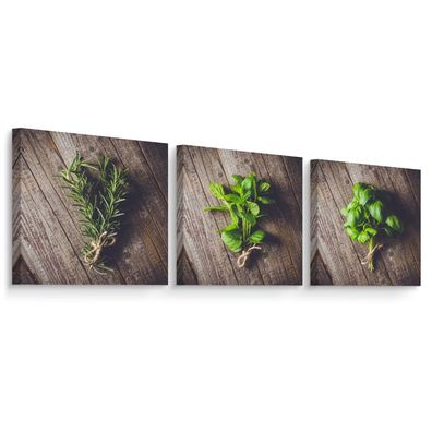 Muralo Leinwand Bilder Set Aufhängefertig 3 Bilder für Küche Kräuter Pflanzen Bretter