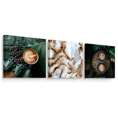 Muralo Leinwandbilder Set 3 Bilder KAFFEE Kaffeebohnen Blätter für Küche Esszimmer