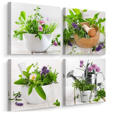 Leinwandbilder Set Aufhängefertig 4 Bilder Kräuter Blumen Pflanzen Bretter Küche