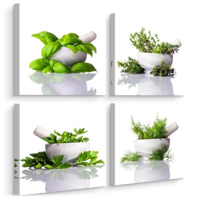 Leinwand Bilder Set Aufhängefertig 4 Bilder für Küche Kräuter im Mörser Pflanzen