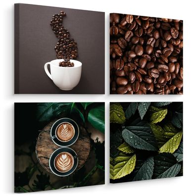 Leinwandbilder Set Aufhängefertig 4 Bilder für Küche KAFFEE Kaffeebohnen Blätter
