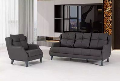 Schwarze Sofagarnitur Sessel Zweisitzer Luxus Modernes Set Polstersitz 2 + 1