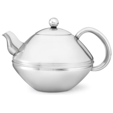 Teekanne 1.4 Liter Edelstahl doppelwandig flache Kanne Glanz-Chrom Teebereiter