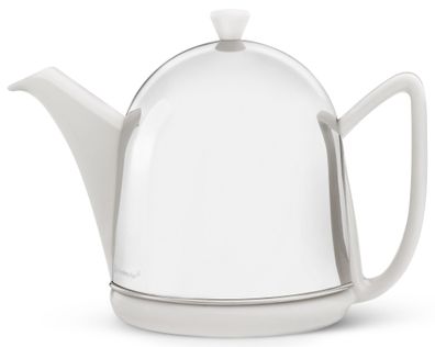 Keramik Teekanne 1.0 Liter Steingut-Kanne weiß isolierend Glanz Edelstahl-Mantel