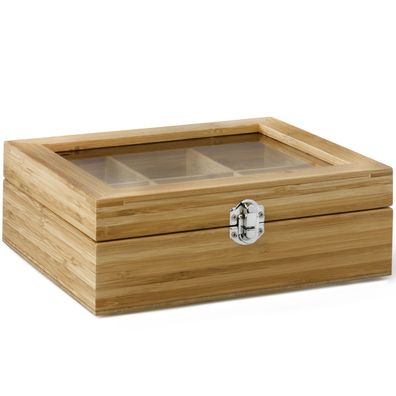 Holz Teebeutel-Kiste 18x22 cm 6 Fächer und Sichtfenster Teebox Behälter hölzern