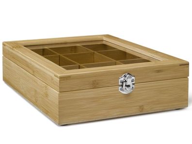 Holz Teebeutel-Kiste 19x22 cm 9 Fächer mit Sichtfenster Teebox Behälter hölzern