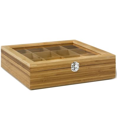 Holz Teebeutel-Kiste 27x28 cm 12 Fächer mit Sichtfenster Teebox Behälter hölzern