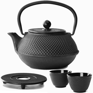 Teekannen Set 0.8 L schwarz Gusseisen Asia Kanne Untersetzer 2 Becher & Tee-Sieb