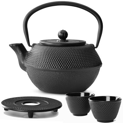 Teekannen Set 1.1 L schwarz Gusseisen Asia Kanne Untersetzer 2 Becher & Tee-Sieb