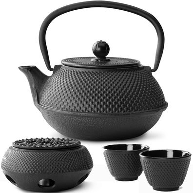 Teekannen Set 0.8 L schwarz Gusseisen Asia Kanne Teewärmer 2 Becher & Tee-Sieb