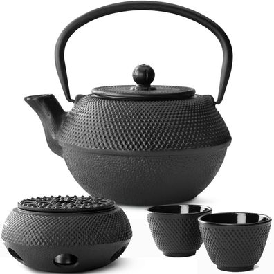 Teekannen Set 1.1 L schwarz Gusseisen Asia Kanne Teewärmer 2 Becher & Tee-Sieb