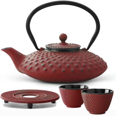 Teekannen Set 0.8 Liter rot Gusseisen Asia Kanne Untersetzer 2 Becher & Tee-Sieb