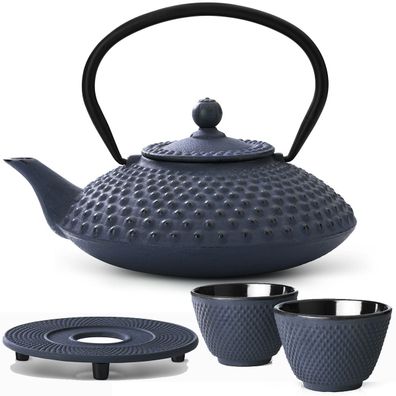 Teekannen Set 1.25 Liter blau Gusseisen Asia Kanne Untersetzer 2 Becher Tee-Sieb