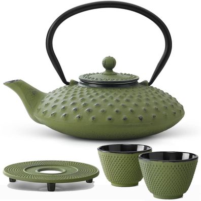 Teekannen Set 0.8 Liter grün Gusseisen Asia Kanne Untersetzer 2 Becher & Teesieb