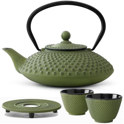 Teekannen Set 1.25 Liter grün Gusseisen Asia Kanne Untersetzer 2 Becher Tee-Sieb