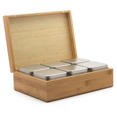 Holz Teekiste 27x18.5 cm Teebox mit 6 Dosen für losen Tee Teebeutel Aufbewahrung