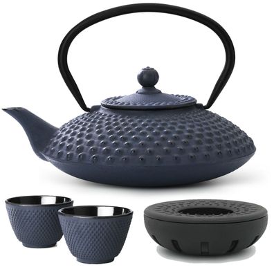 Asia Teekannen Set 1.25 L blau Stövchen 2 Becher Teeservice Gusseisen & Tee-Sieb