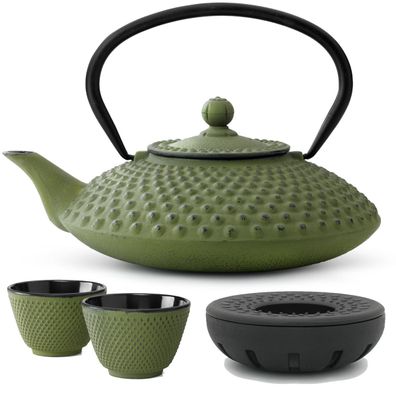 Asia Teekannen Set 1.25 L grün Stövchen 2 Becher Teeservice Gusseisen & Tee-Sieb