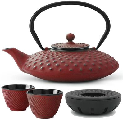 Asia Teekannen Set 0.8 L rot Stövchen 2 Becher Teeservice Gusseisen & Tee-Sieb