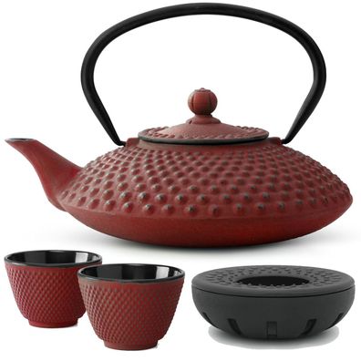 Asia Teekannen Set 1.25 L rot Stövchen 2 Becher Teeservice Gusseisen & Tee-Sieb