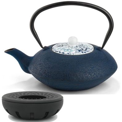 Asia Teekannen Set 1.2 L blau Gusseisen Stövchen Teewärmer Guss Teeservice Sieb