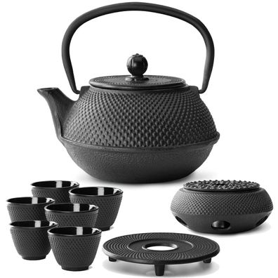 Asia Tee Set 0.8 L Teekanne Gusseisen 6 Becher Teewärmer Untersetzer & Tee-Sieb