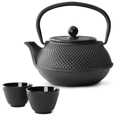 Asia Teekannen Set 0.8 Liter Gusseisen 2 Teebecher Teeservice schwarz & Tee-Sieb
