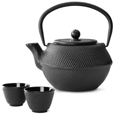 Asia Teekannen Set 1.1 Liter Gusseisen 2 Teebecher Teeservice schwarz & Tee-Sieb