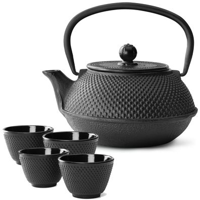 Asia Teekannen Set 0.8 Liter Gusseisen 4 Teebecher Teeservice schwarz & Tee-Sieb