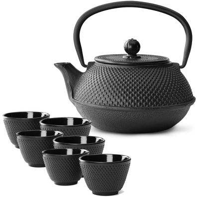 Asia Teekannen Set 0.8 Liter Gusseisen 6 Teebecher Teeservice schwarz & Tee-Sieb
