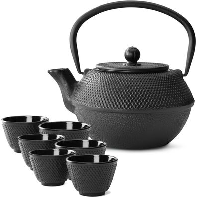 Asia Teekannen Set 1.1 Liter Gusseisen 6 Teebecher Teeservice schwarz & Tee-Sieb