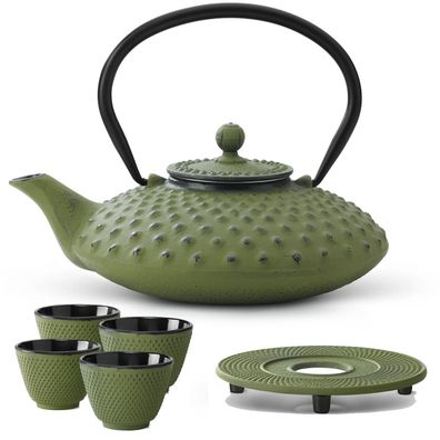 Teekannen Set 0.8L grün Asia Gusskanne 4 Becher Untersetzer Teeservice Gusseisen