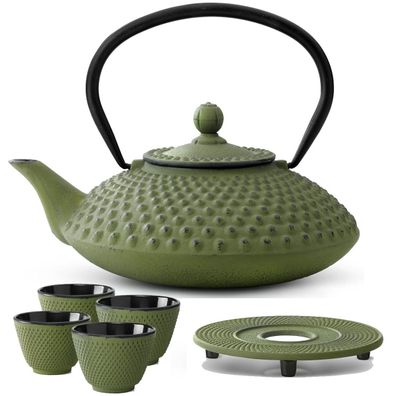 Teekanne Set 1.25L grün Asia Gusskanne 4 Becher Untersetzer Teeservice Gusseisen
