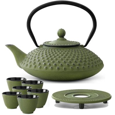 Teekanne Set 1.25L grün Asia Gusskanne 6 Becher Untersetzer Teeservice Gusseisen
