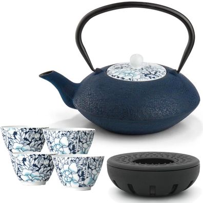 Teekanne Set 1.2 L blau Asia Gusskanne Untersetzer Gusseisen & 4 Porzellanbecher